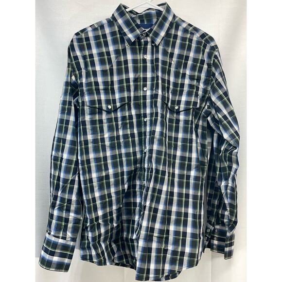 Wrangler Mens Western Pearl Snap‎ Long Sleeve Green Blue No Size Tag See Pics - Picture 2 of 6